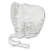 SARAH LOUISE Classic Baby Girls Bonnet, delicately hand-smocked with beautiful hand-embroidered flowers and a Satin Ribbon fastening.